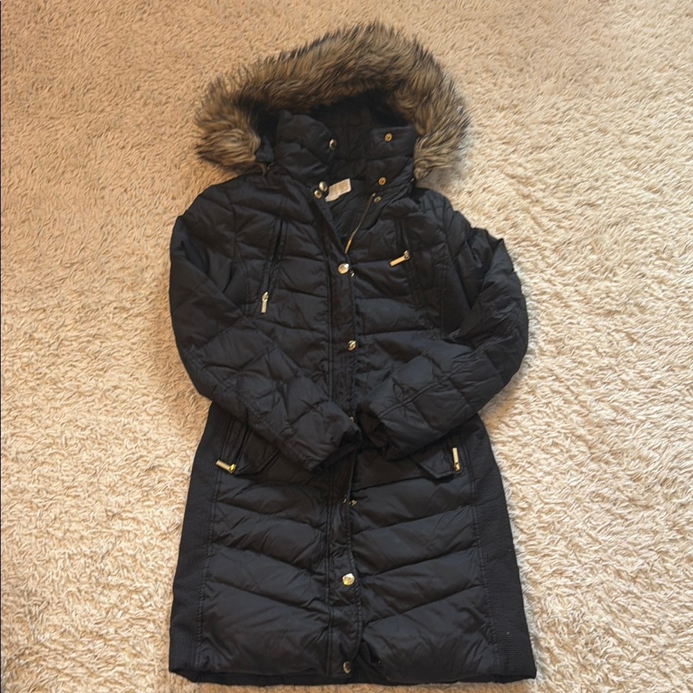 Michael Kors Black Puffer Coat with Faux Fur Trim detachable hood
